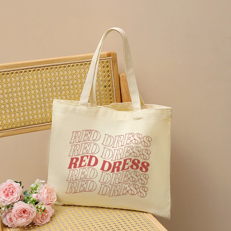 Red Dress Wavy Text Print Canvas Tote Bag Reusable Shopping Handbag Retro Letter Casual Shoulder Daily Gift Bag