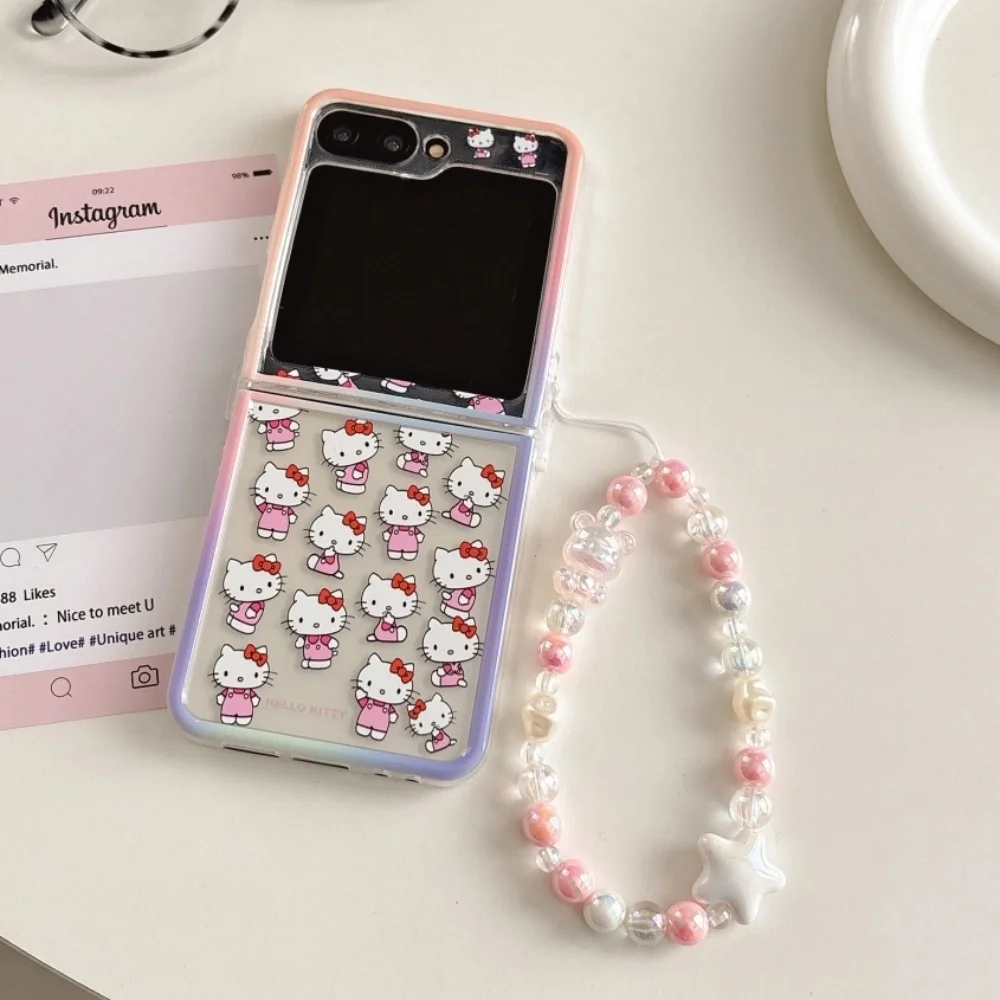 

SAMSUNG Galaxy Z Flip6 Hello Kitty Cat Phone Case For Z Flip5 Flip4 Flip3 Colorful Frame Wrist Strap Lanyard Protection Cover