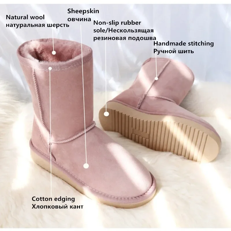 G&Zaco Luxury Women Winter Sheep Fur Boots Real Wool Classic Mid Calf Genuine Sheepskin Shoes Snow Boots Flat Female  Boots