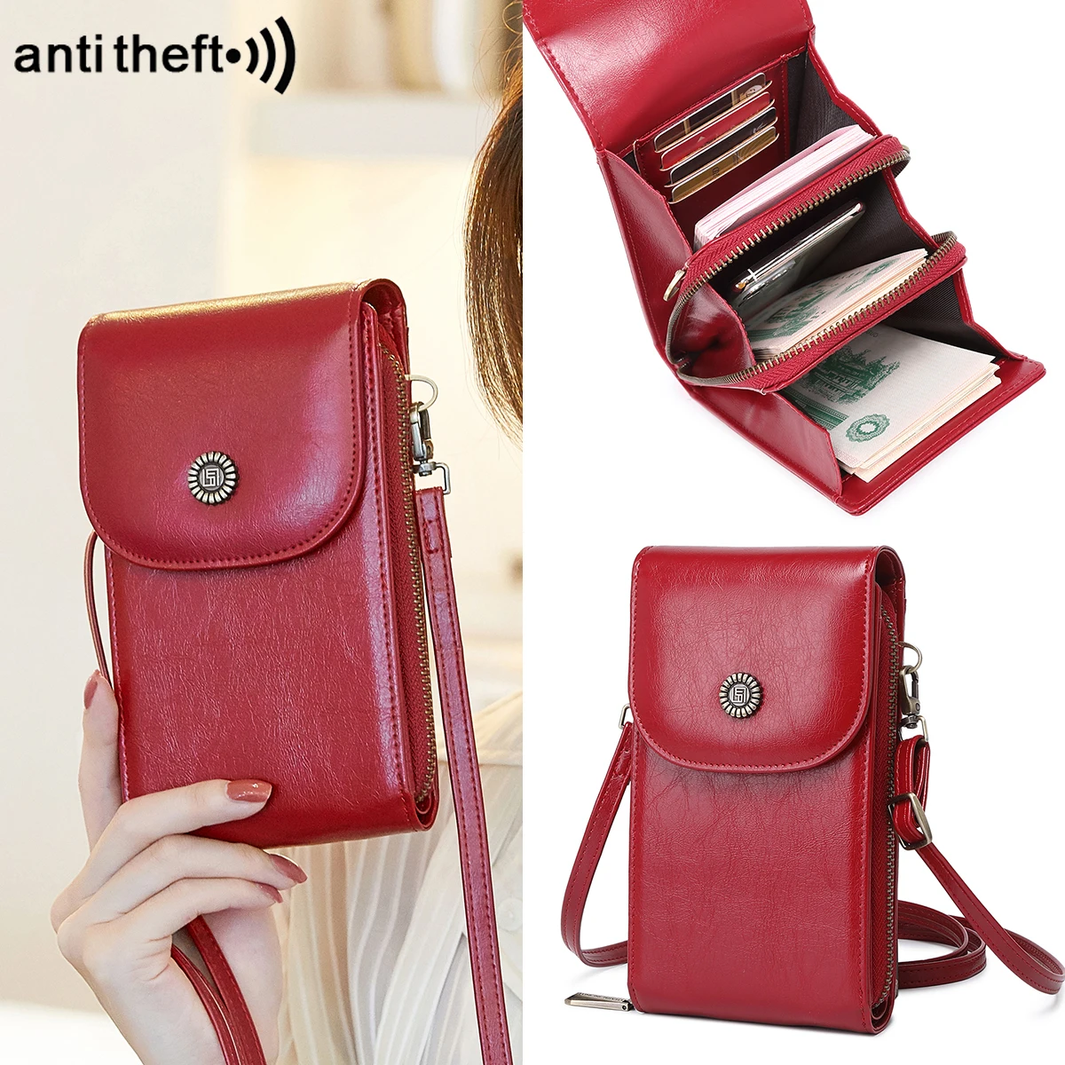 Retro oil wax leather mobile phone bag RFID anti-theft brush vertical shoulder bag Fashion crossbody mobile phone wallet