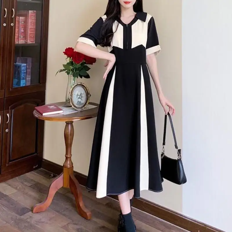 2023 Women's New Dress Advanced Design Contrast Color Stitching Zippered Shirt Long Skirt Fashion College Style