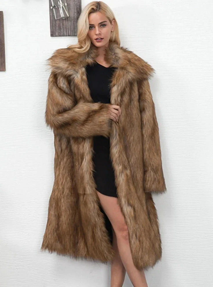 Damen-Revers-Kunstpelzjacke – langer, lockerer Wintermantel mit Taschen, lässige Luxus-Oberbekleidung für Streetstyle und den täglichen Weg zur Arbeit