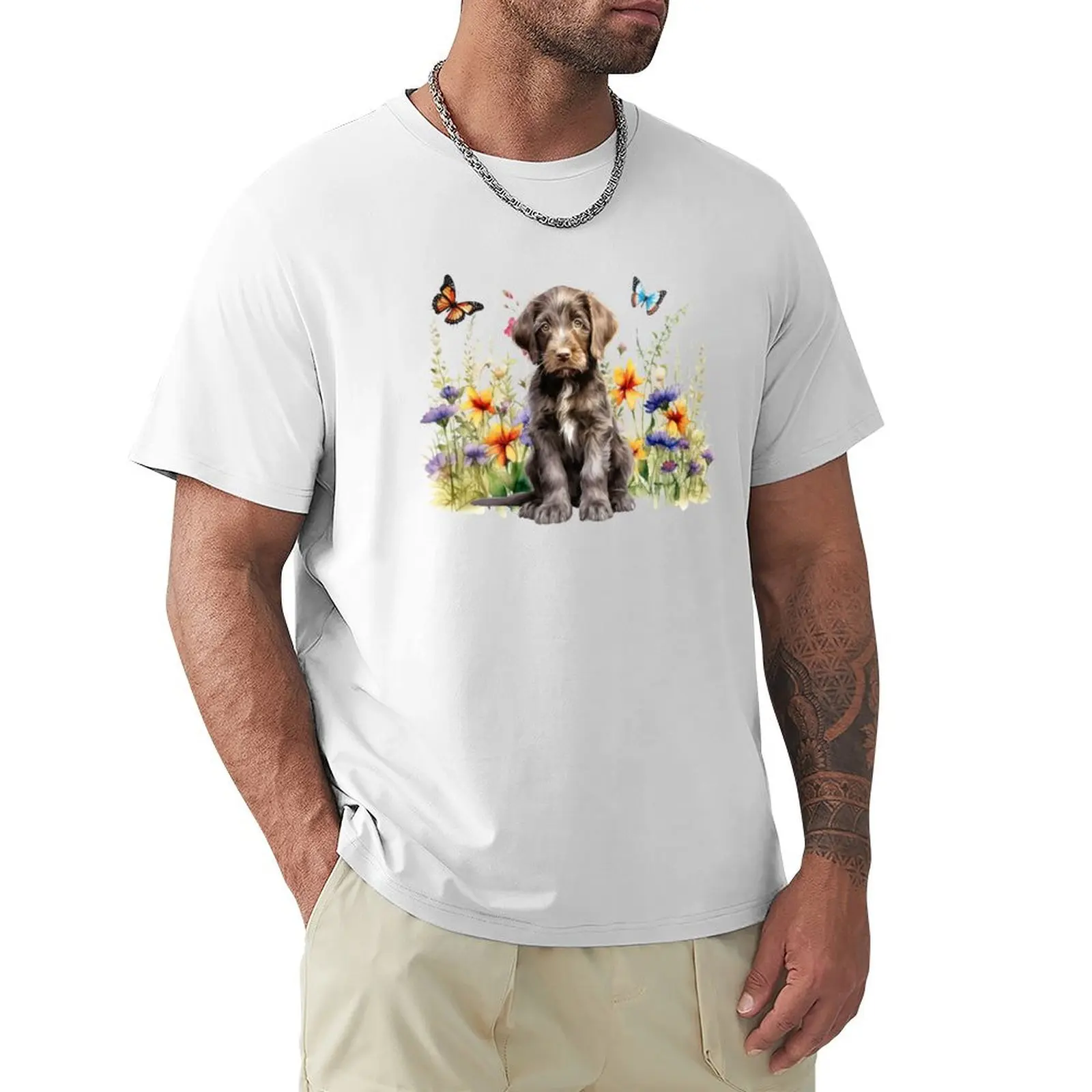 German Wirehaired Pointer Puppy With Spring Flowers T-Shirt quick-drying blanks t shirt for men