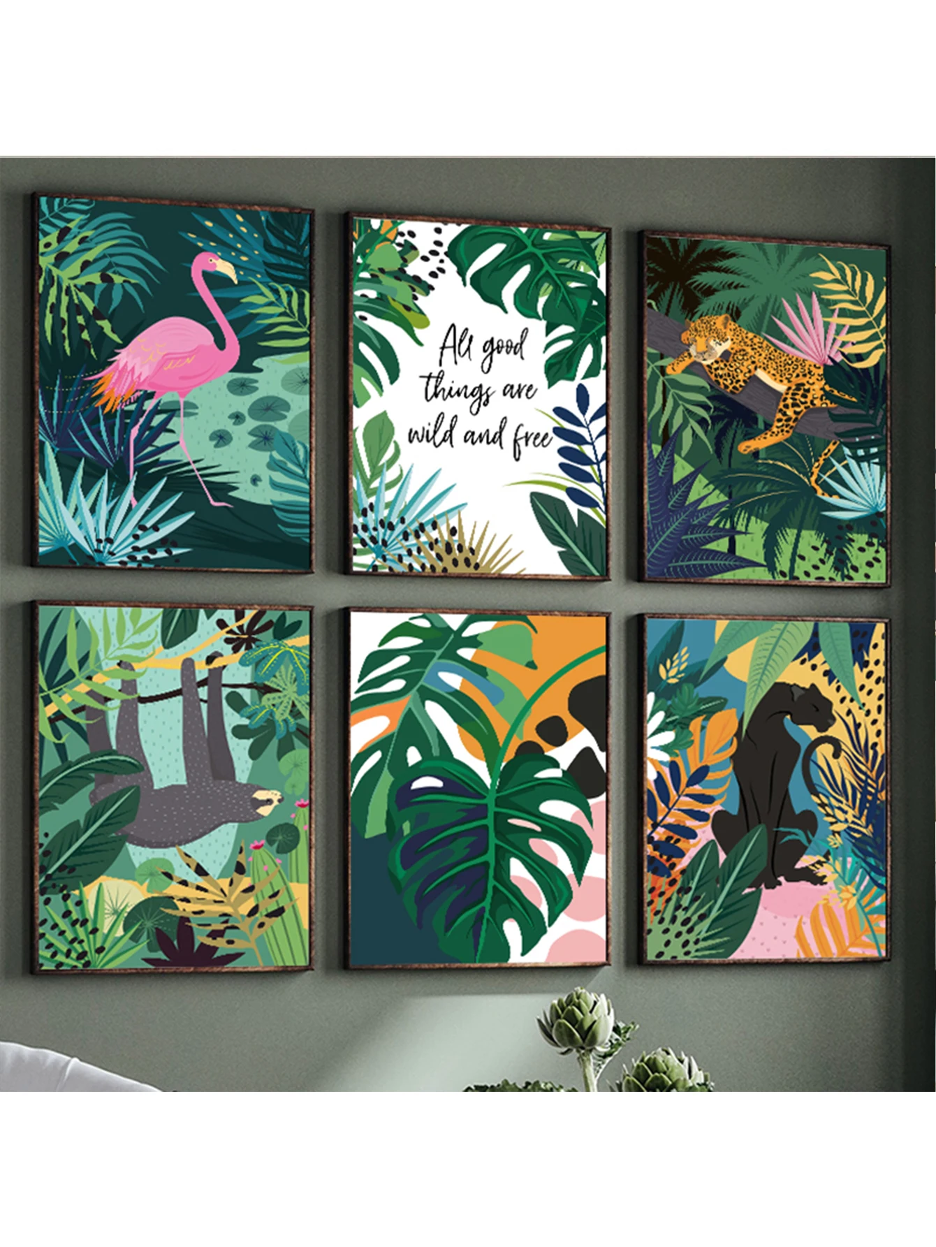 

6Pcs/Set North European Forest Black Panther Cheetah Cartoon Canvas Plants Children's Poster Leaf Nursery Home Decor Frameless