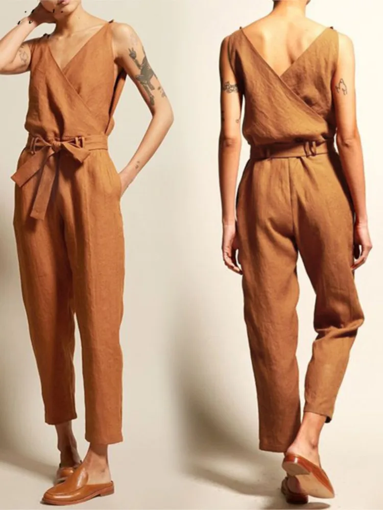 Casual V-neck Belted Women's Trousers Elegant Work Jumpsuit Summer Sleeveless Solid Color Jumpsuits For Women 2024