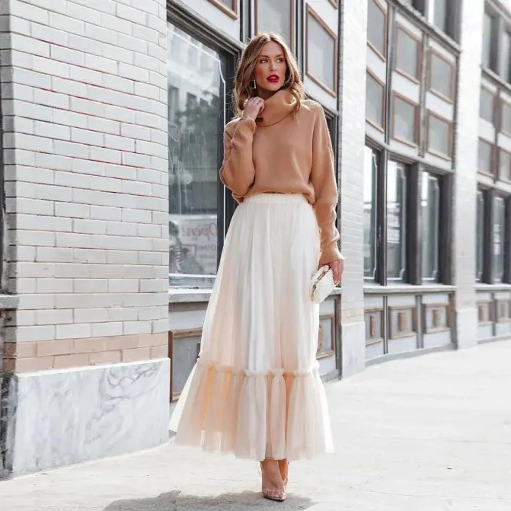 

High Street Beige Soft Tulle Women Skirts Straight Stretchy Waistband Ankle Length Female Tutu Tulle Skirt Modest Maxi Skirt