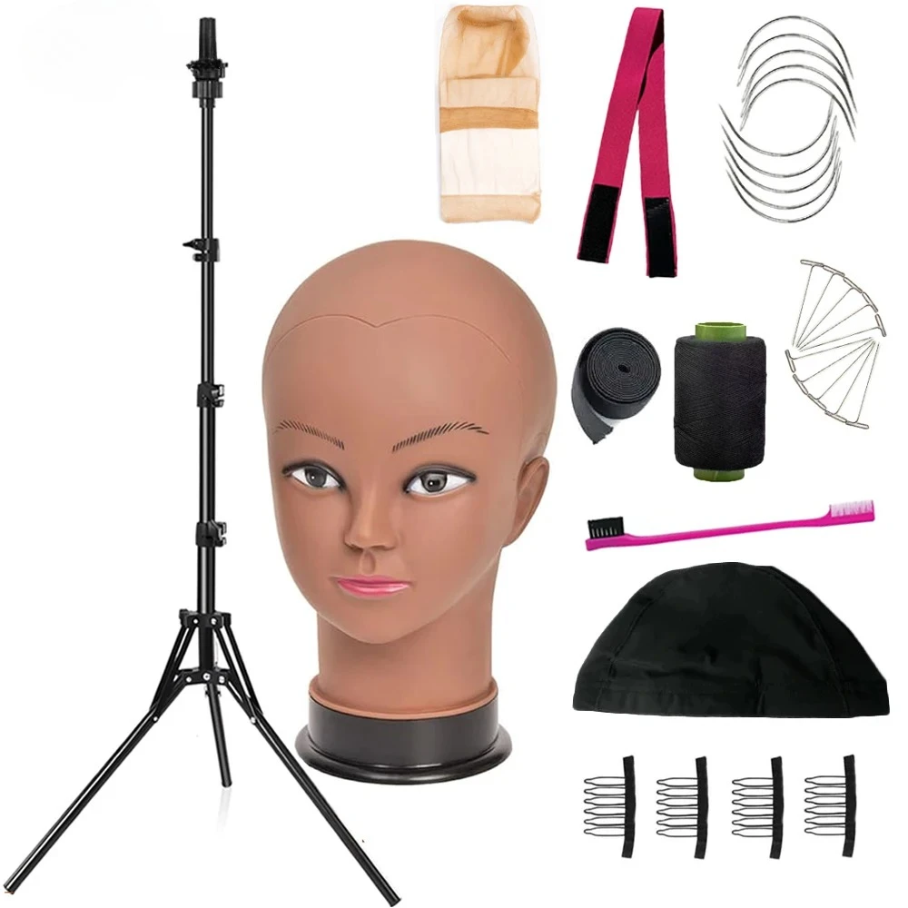 

Adjustable Tripod Wig Stand With Bald Mannequin Head Training Manikin Head And Wig Install Kit For Making Wigs Display Styling
