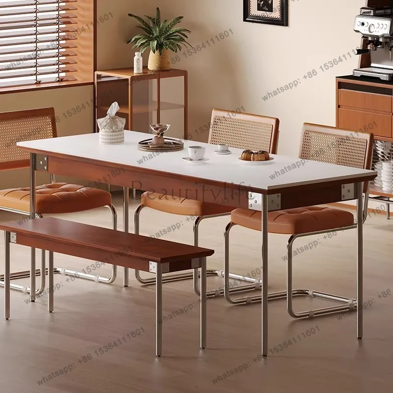 

Retro style solid wood rock slab modern small household dining minimalist rectangular dining table