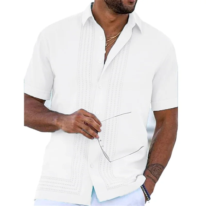 Summer Men's Solid Striped Shirts Casual Comfortable Shirt Men's Hawaii Beach Holiday Short Sleeve Shirt Men's  Breathable Shirt