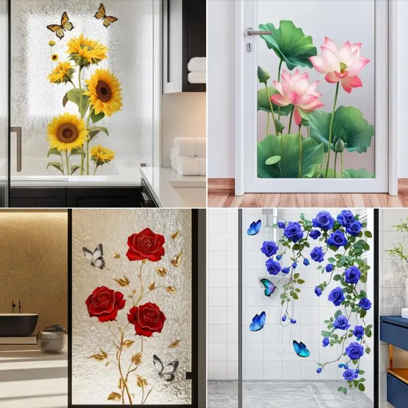 Flower Leaf Glass Wall Decal Removable Self Adhesive PVC Bathroom Office Bedroom Sticker Privacy Decor