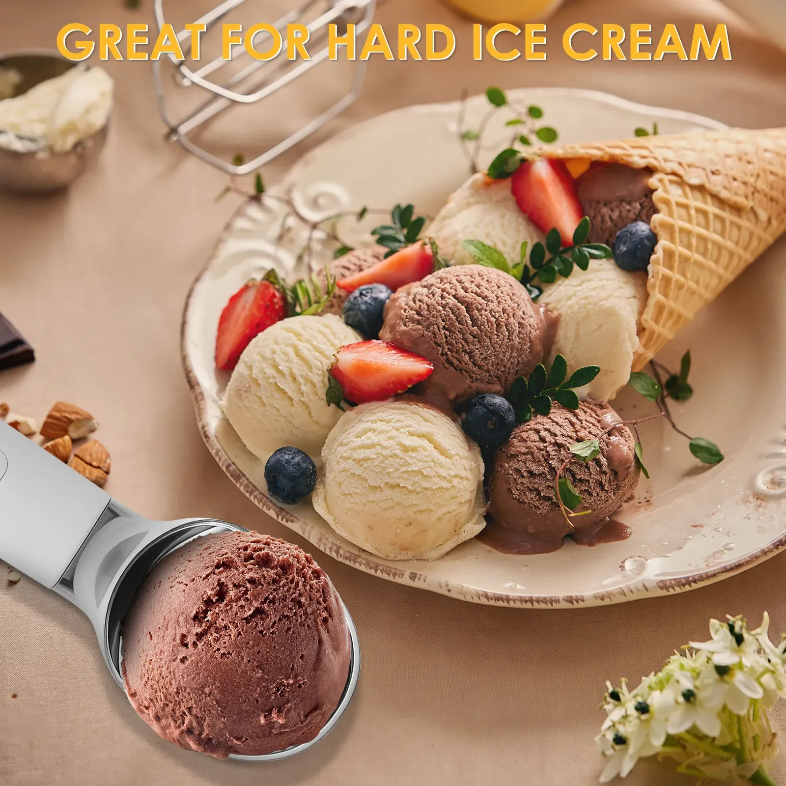 Rechargeable Heated Ice Cream Scoop Stainless Steel Self Melt Ice Cream Scoop Adjust Temperature Self Warming Spoon for Hard Ice