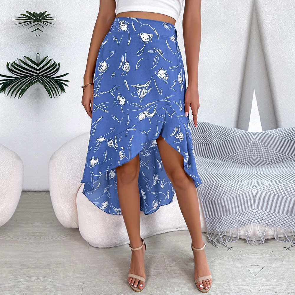 

FICUSRONG Women's Spring Summer Casual Flower Asymmetric Ruffle Edge Skirt For Ladies High Waist Chic Skirts