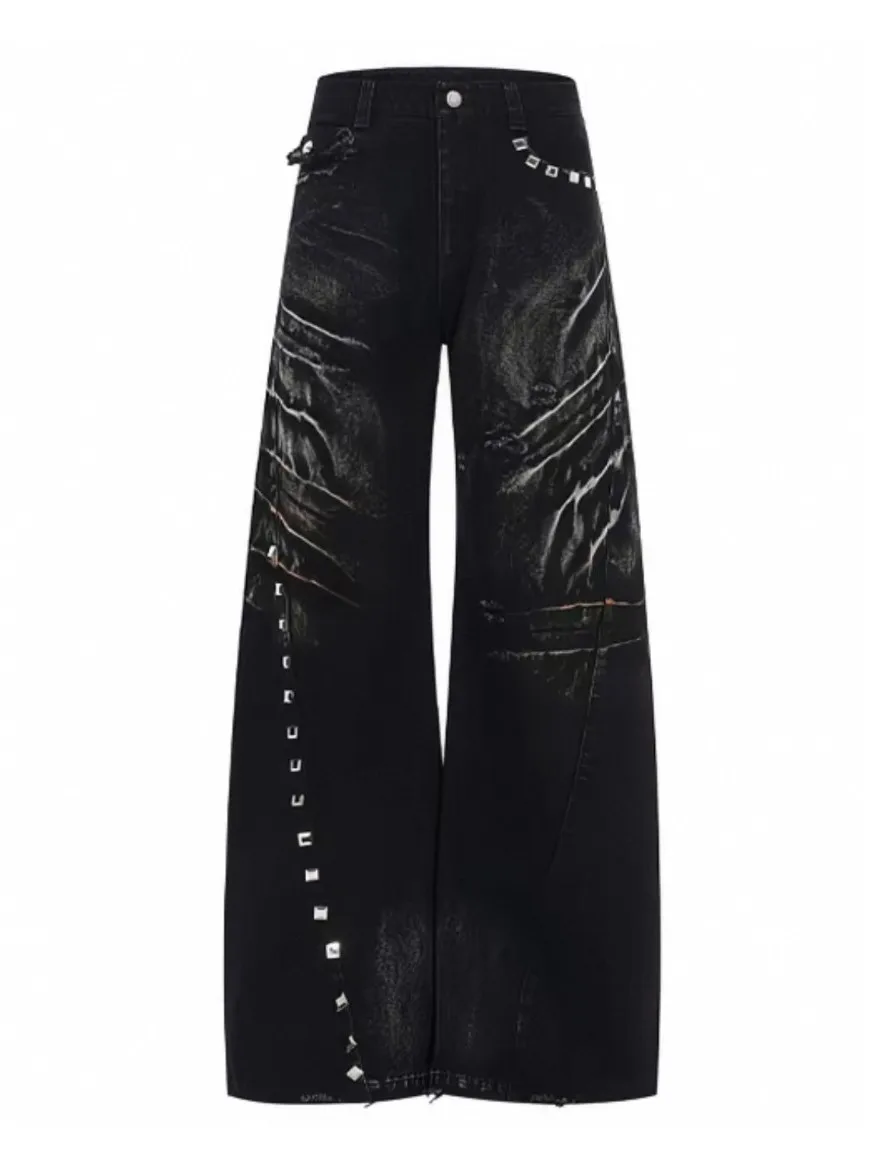 Calças Jeans Retrô Americanas Desgastadas Unissex Primavera Outono Novo Estilo Preto Perna Larga Longa Solta Moda