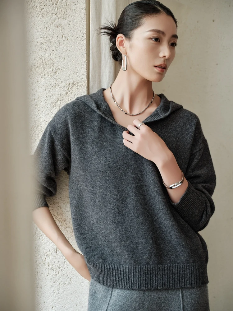 

TLOML Minimalist Women's Hoodie Pullover 100% Cashmere Sweater Casual Knitwear Autumn Winter Soft Warm High Quality Comfy Tops