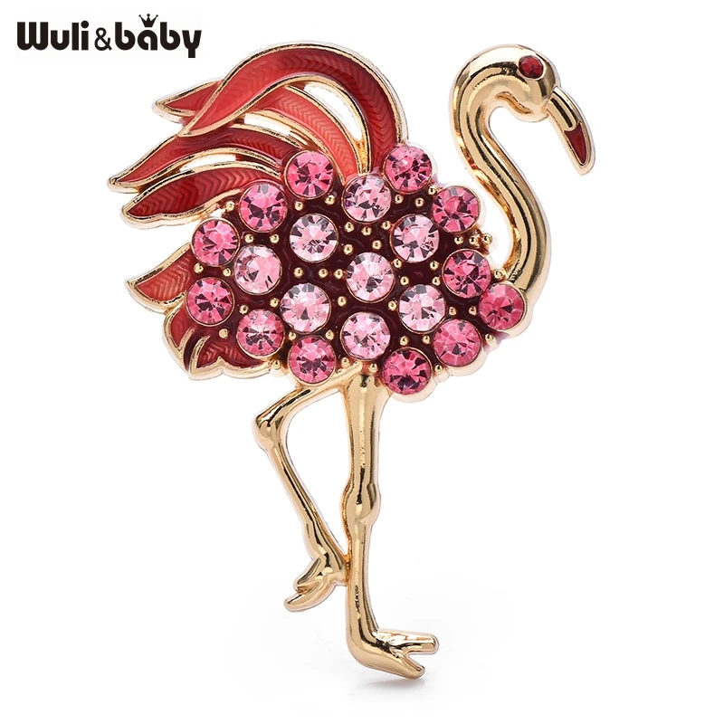 Wuli&baby Designer Pretty Flamingo Bird Brooches For Women Lady 2-color Rhinestone Animal Party Office Brooch Pins Gifts