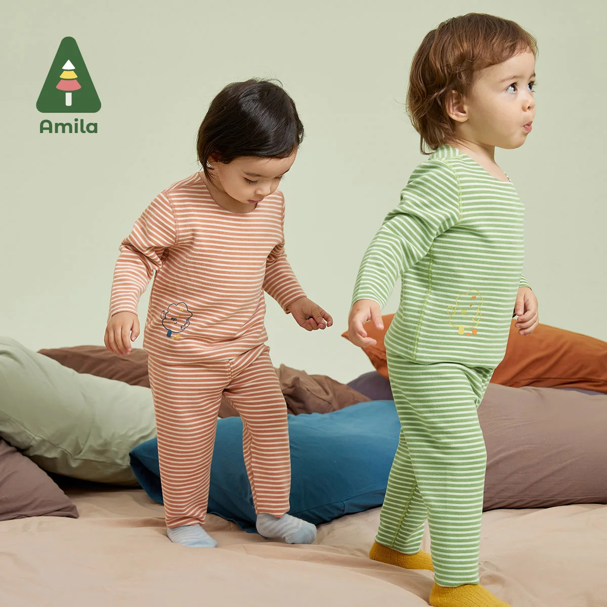 Amila Baby Underwear Set 2023 Autumn New Seamless Cutting Colors Pattern Printing  Boys Girls Cotton Children  Homewear Clothes