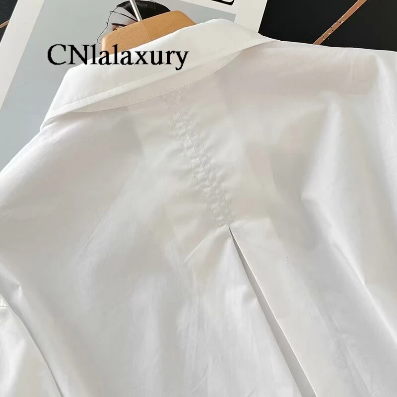 CNlalaxury  White Women\'s New Fashion Casual Shirt Blouse Pull Lapel Long-Sleeved Curved Hem Loose Shirt Blousas