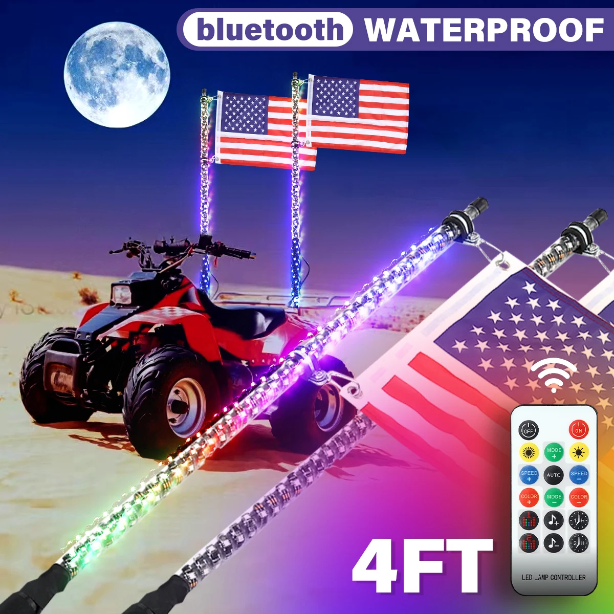 

2PCS 4FT LED Whip Light RGB Waterproof Multi-Color Flagpole Lamp Bowlight for Offroad Sand Rails/Buggies SxS ATV/UTV Trucks