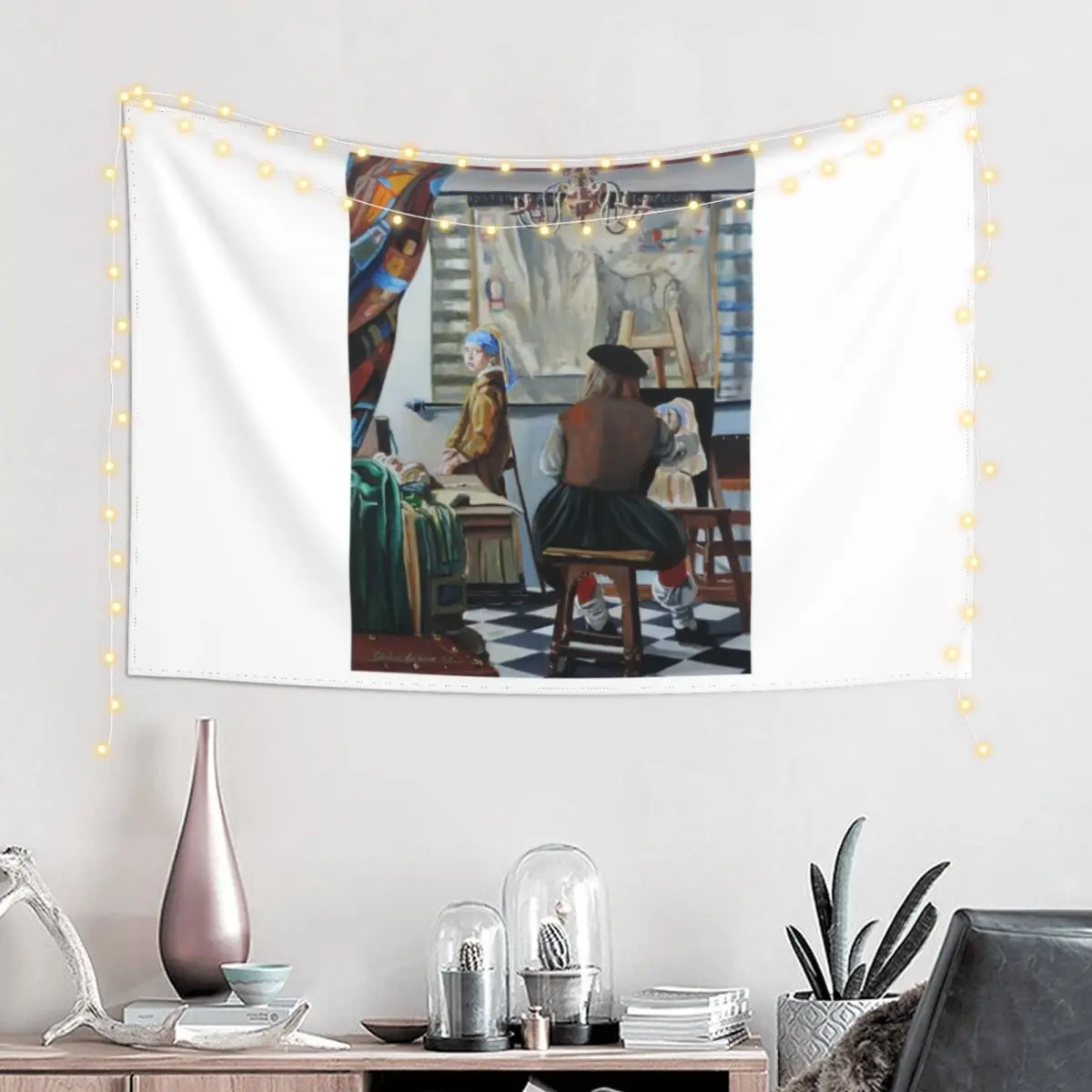 Vermeer paints the girl with a pearl earring (2016) Tapestry Aesthetic Room Decor Wall Decor Tapestry