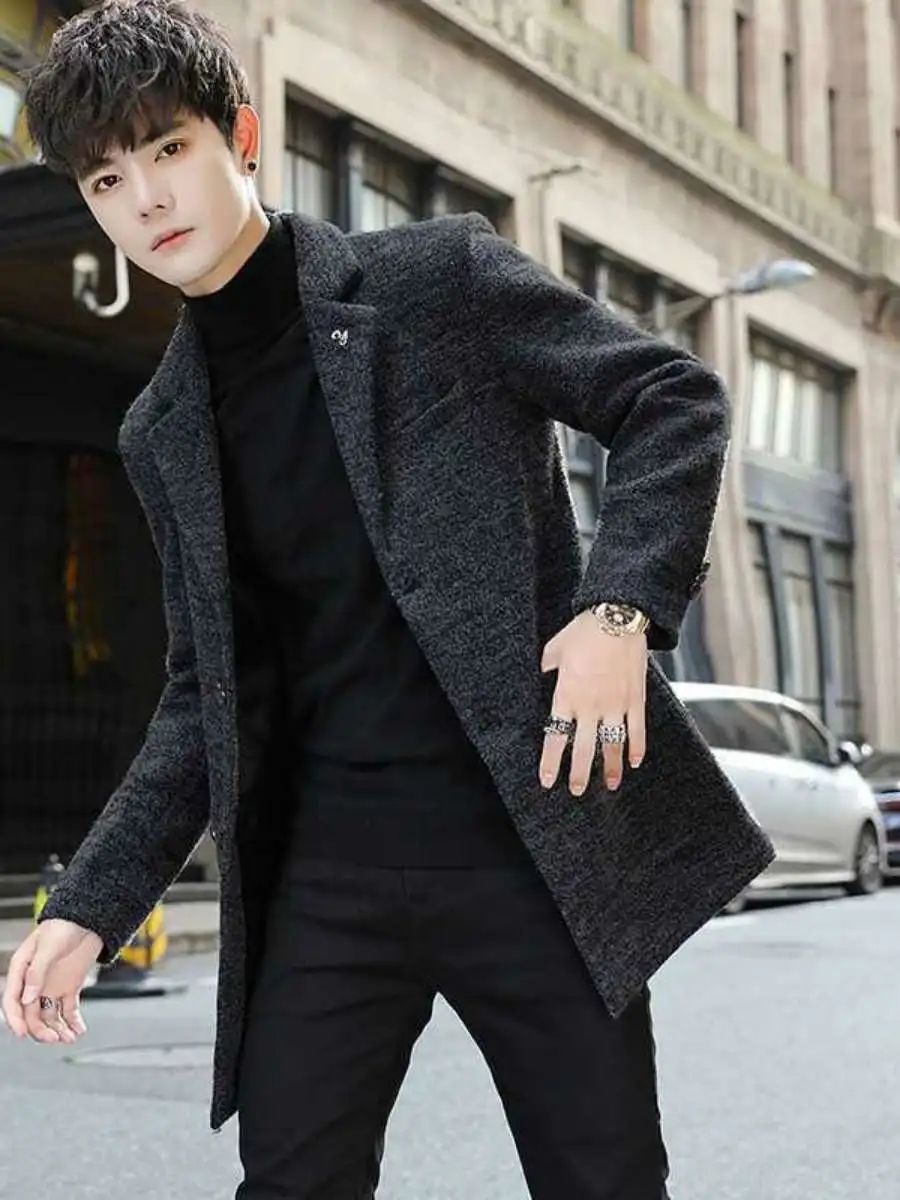 Mantel Wol Pria Trendy, Hangat, Panjang, Jaket Musim Dingin, Pakaian Luar Musim Gugur Musim Dingin, Jaket Angin Modis Pria