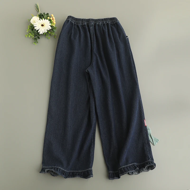 اليابانية الحلو موري فتاة خمر القوس منقوشة التطريز المرقعة الدنيم السراويل النساء الربيع مرونة الخصر جينز مستقيم غير رسمي