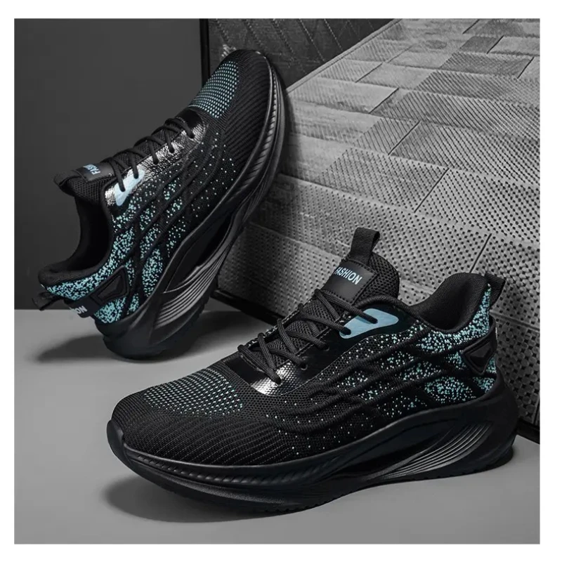 Men Black Cyan Dot Knit Running Sneakers Hollow Wave Cushion Sole Light Non Slip Outdoor Jogging Daily Athletic Walking Shoes