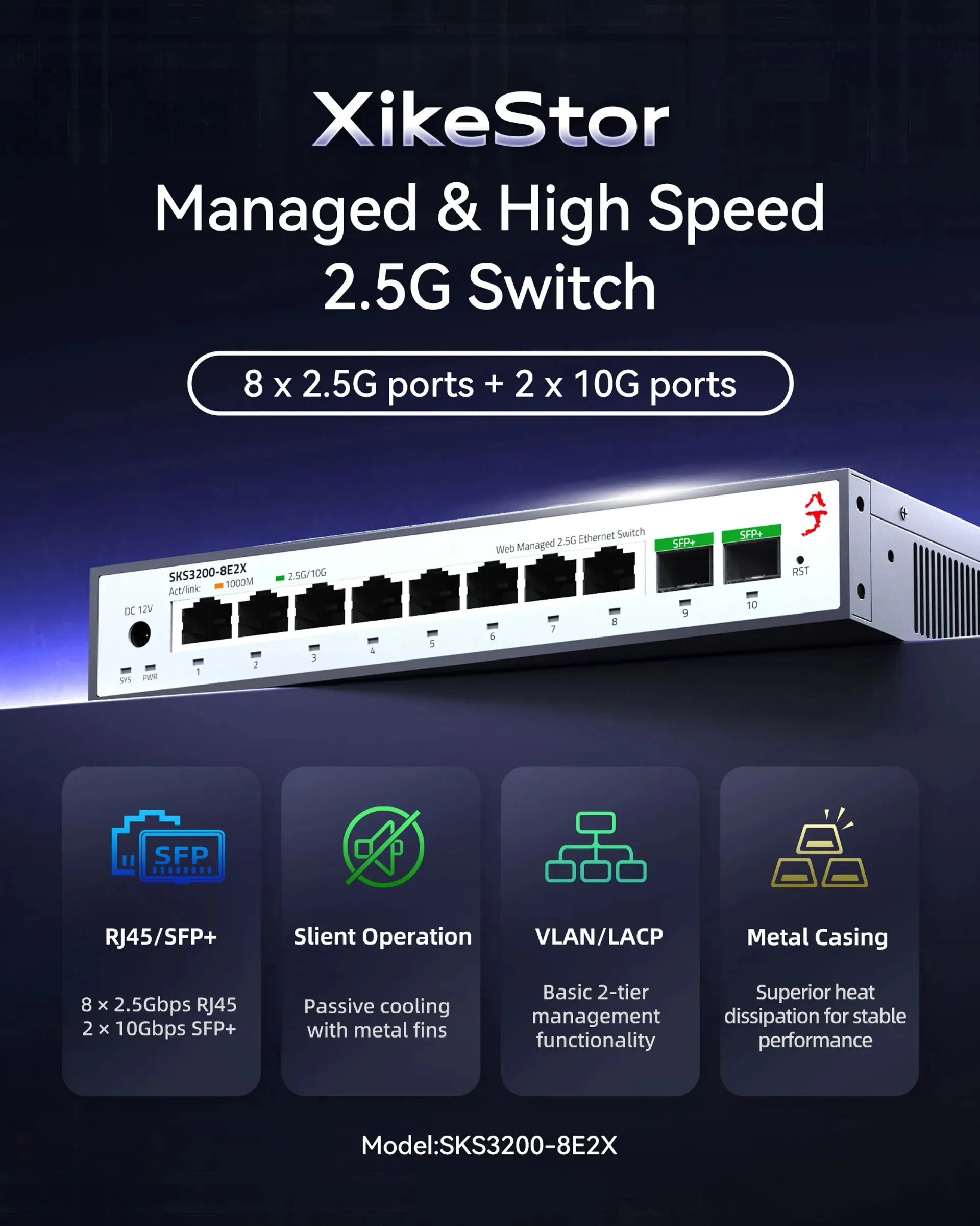 Switch de Rede Gerenciado XikeStor SKS3200-8E2X L2, Hub Ethernet de 8 Portas 2.5G RJ45 + 2×10G SFP, Equipamento de Rede Empresarial