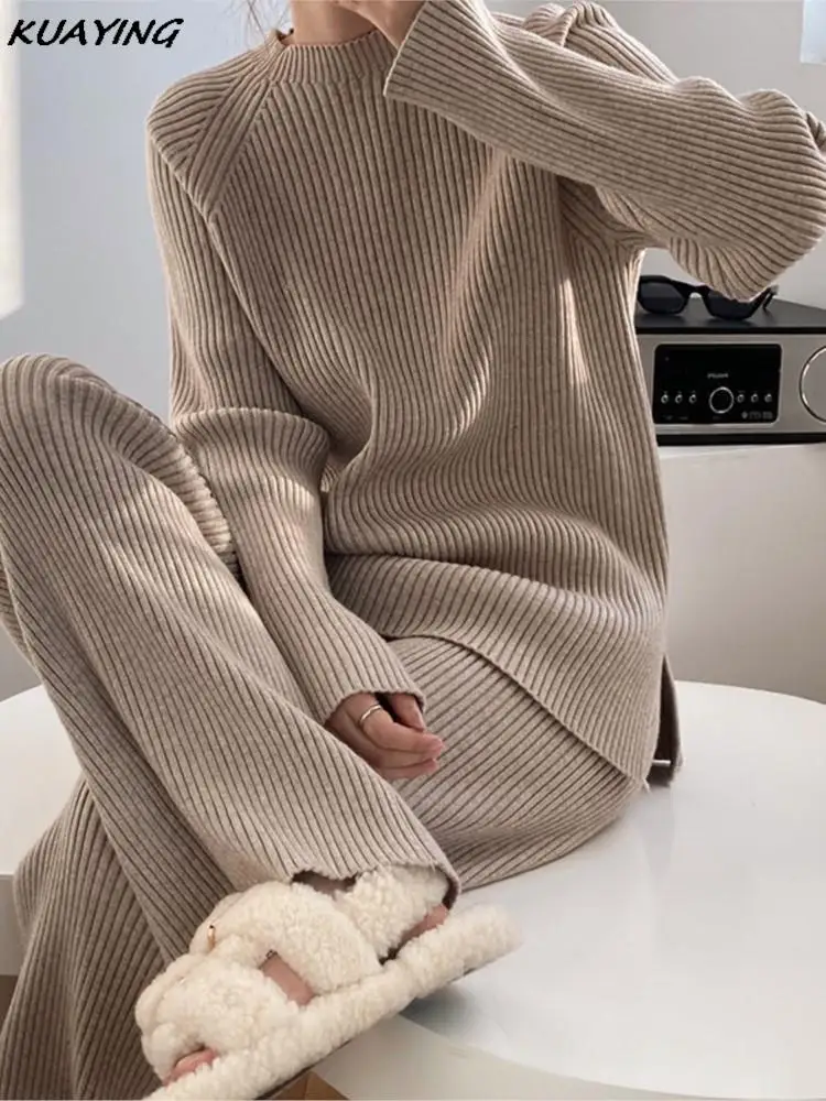 Two Piece Set Pullover Sweater Knit Tracksuit Women High Waist Wide Leg Straight Pants Suit Harajuku Spring Autumn Clothes