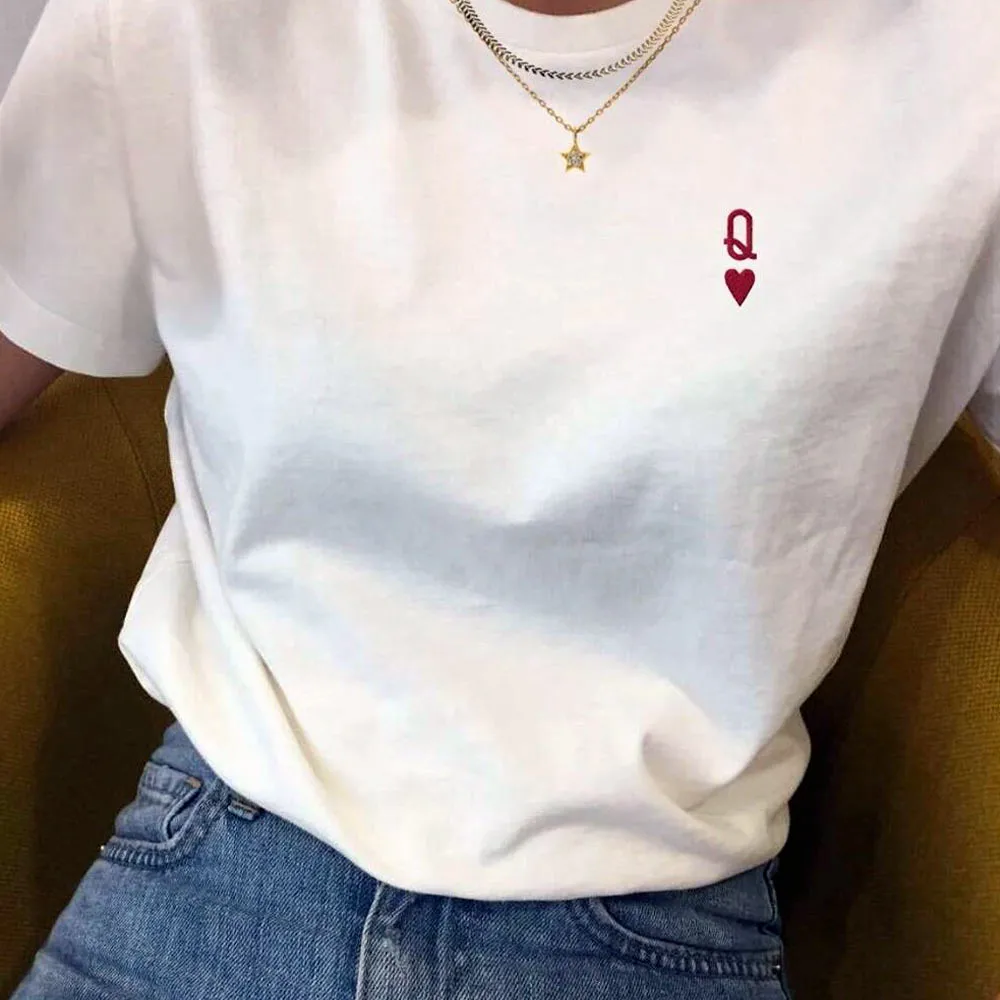 

Queen of Hearts Letter T-Shirt Women's White Loose Cotton Top T-Shirt Summer Short Sleeve Casual Women