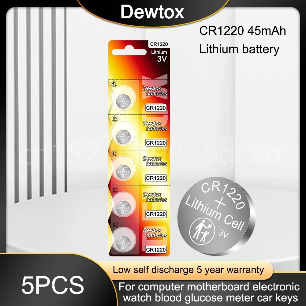 Pilas de botón CR1220 de 5 piezas, 45mAh, CR 1220, 3V, BR1220 DL1220 ECR1220 LM1220, para Calculadora de coches y juguetes