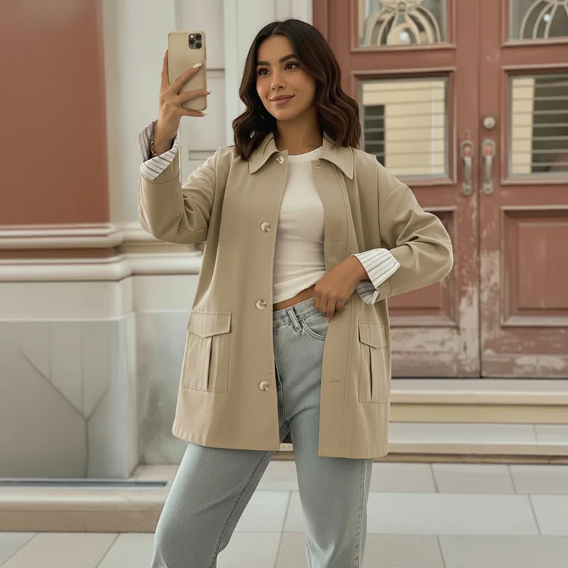 

Women Coats Striped Jackets Spliced Pocket Turn Down Collar Single Breasted Long Sleeves Loose Casual Office 2025 Autumn Winter