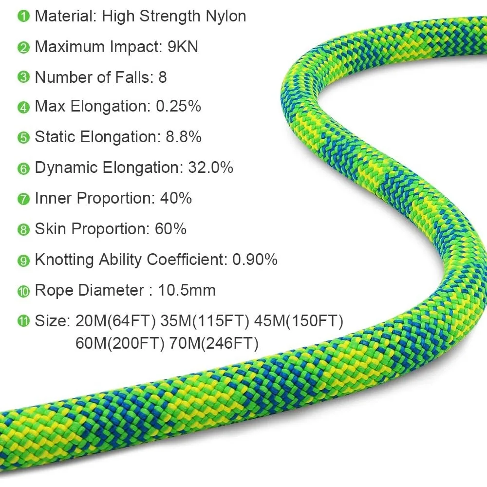 CQ10.5 mm  Dynamic Climbing Rope,Safety Nylon Kernmantle Rope for Rock Climbing, Tree Climbing, Ice Climbing, Mountaineering