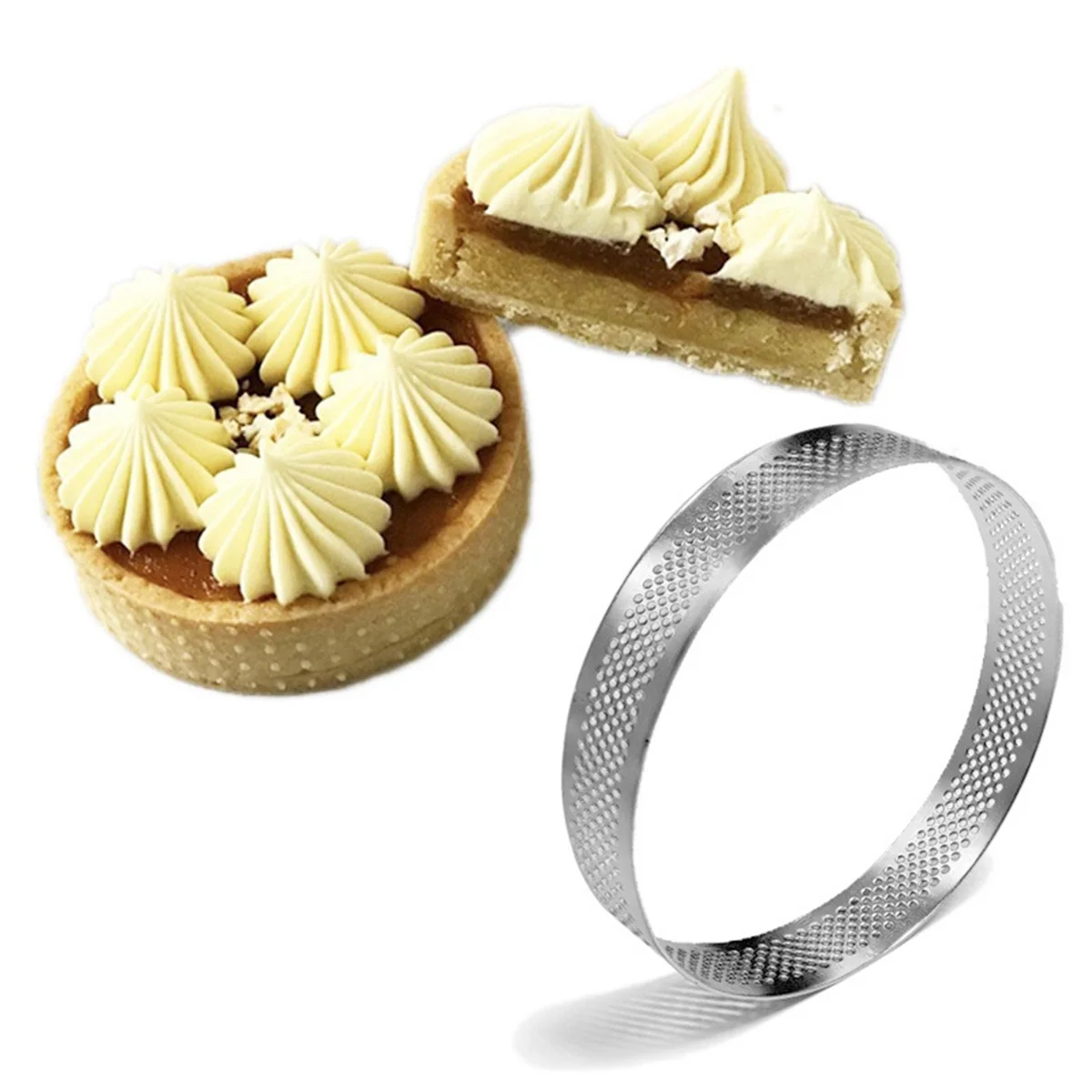 8 Pcs 20cm Round Stainless Steel Cake Hole Mousse Cake Tart Ring Pizza Dessert DIY Decor Mould Kitchen Baking Tool