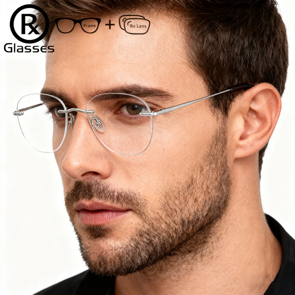 

Pure Titanium Eyeglasses Men Rimless Prescription Glasses Recipe Lenses Myopia Reading Eyewear Photochromic Ocular