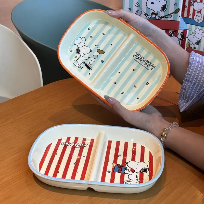 Two Compartment Divided Cute Cartoon Anime Snoopy Ceramics Plates Household Dining Fruit Snack Noodles Plate Children Tableware