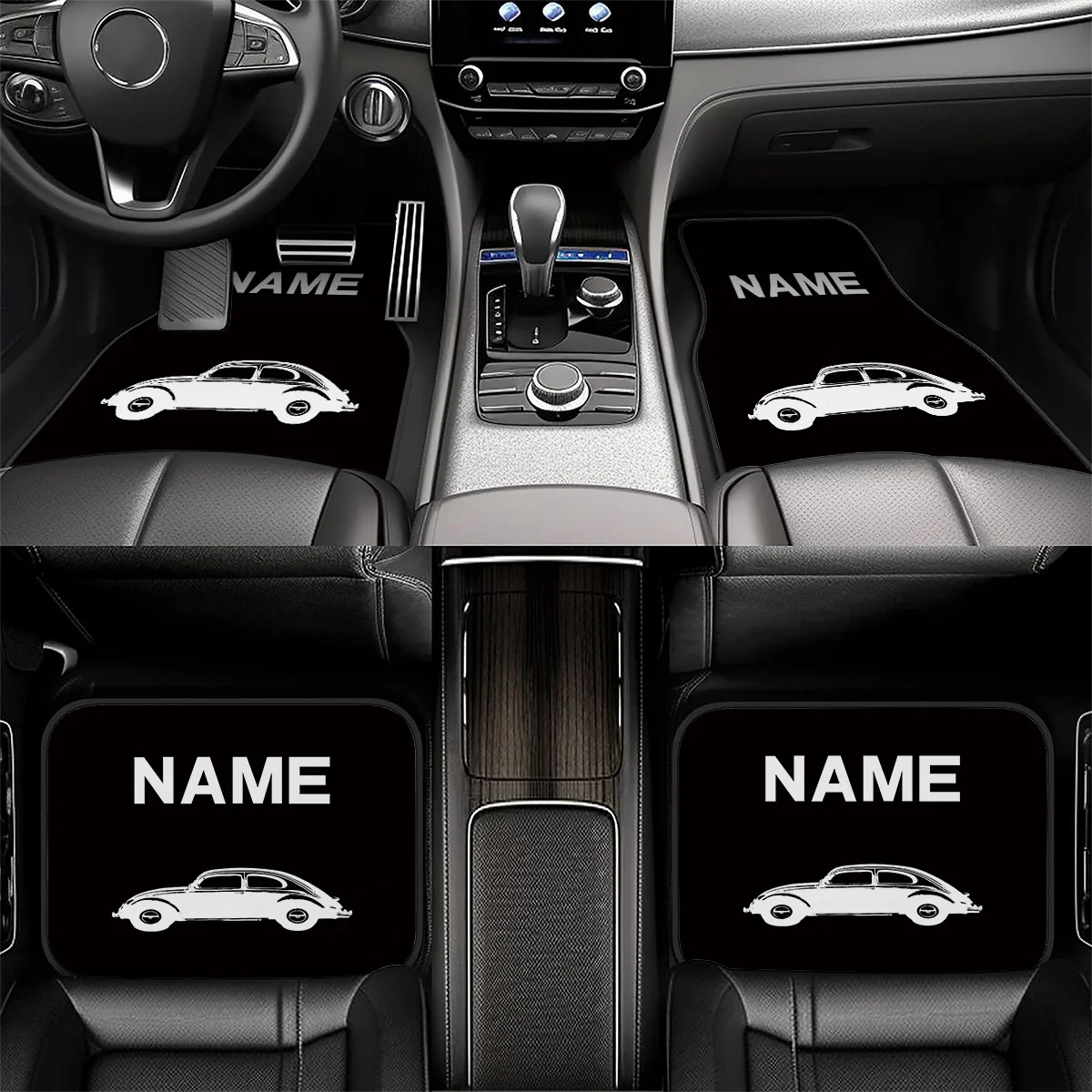 4pcs Customizable Name Car Mats With Classic Beetle Car Theme Design Print - Perfect Gift For Men/Women - Easy-to-Clean Car Inte