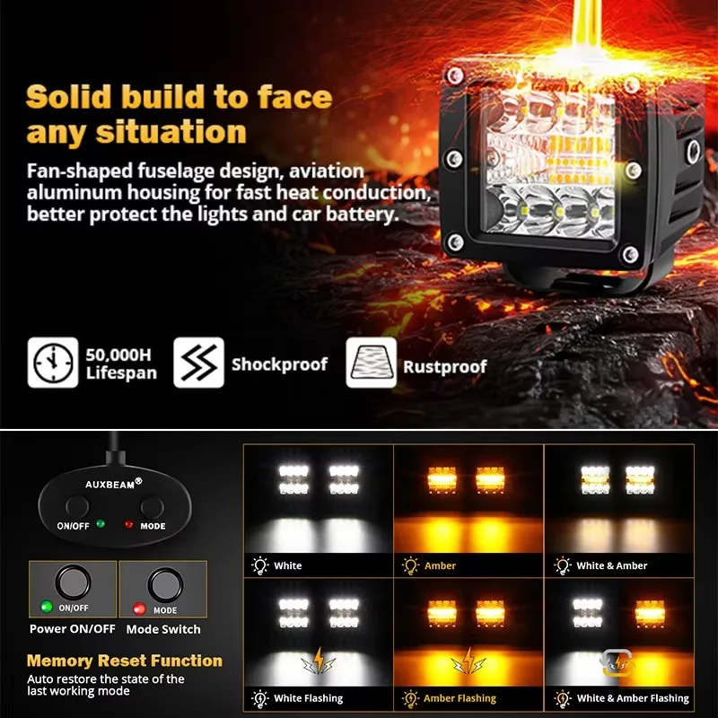 AUXBEAM LED Work Lights High Quality 3/4/7 Inch Amber White LED Square Driving Work Light Bar For Offroad Truck SUV ATV UTV Boat