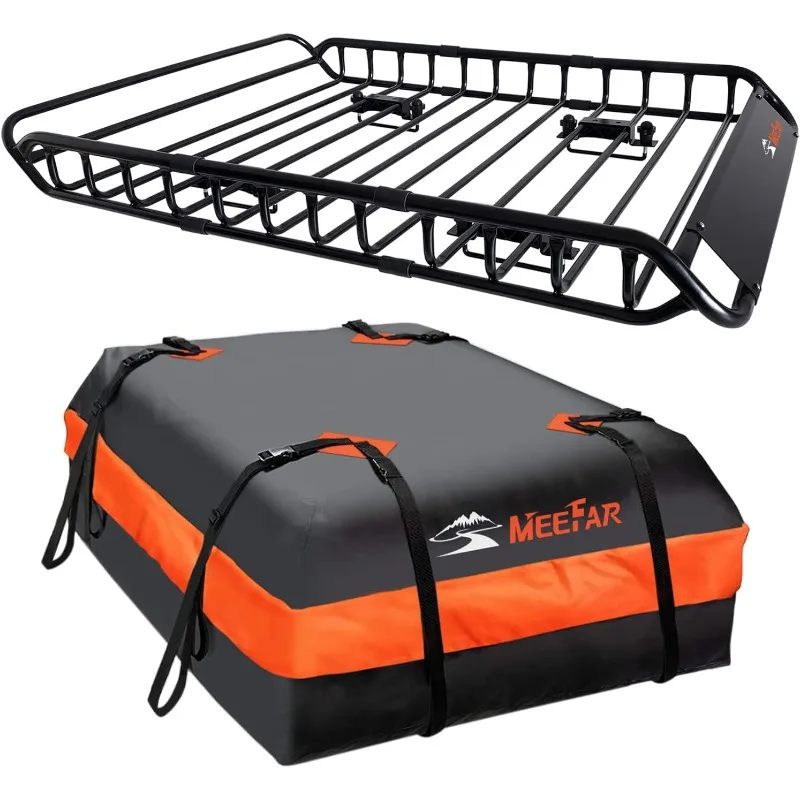 

MeeFar Roof Rack Carrier Basket Universal Rooftop Waterproof Bag 15 Cubic Feet Cargo Net with Attachment Hooks, Ratchet Straps