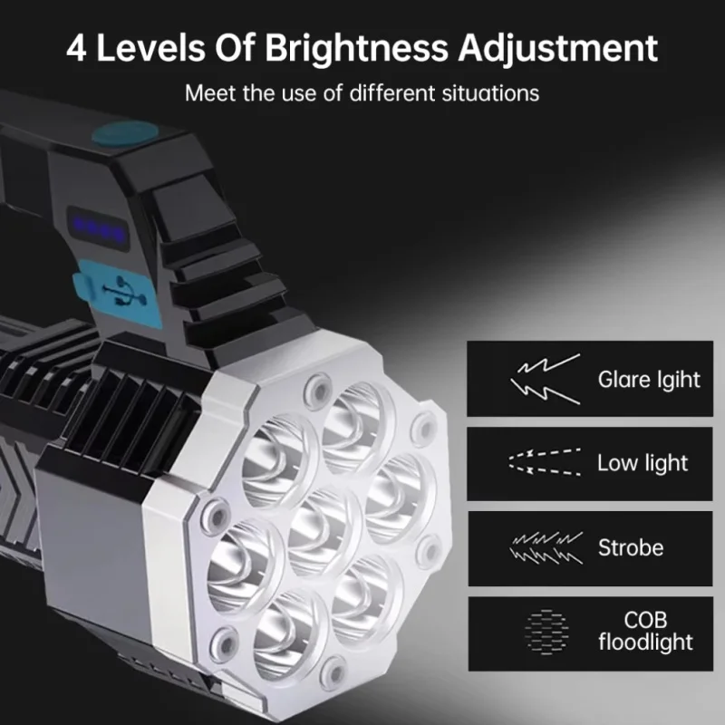 High Power 7LED FlashLight USB Rechargeable COB Side Lights 4 Modes Torch With Power Display Outdoor Lightweight Camping Torch