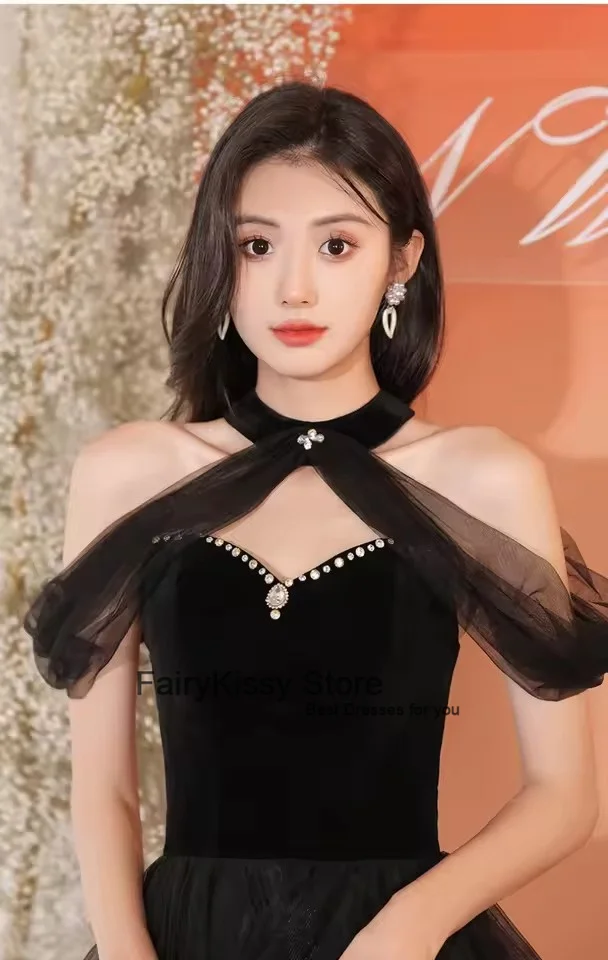 FairyKissy Neckholder, schulterfreies Abendkleid, sexy, trägerlos, Kristall-Pailletten, A-Linie, Kuchenkleid, Tüll, bodenlang, Partykleider