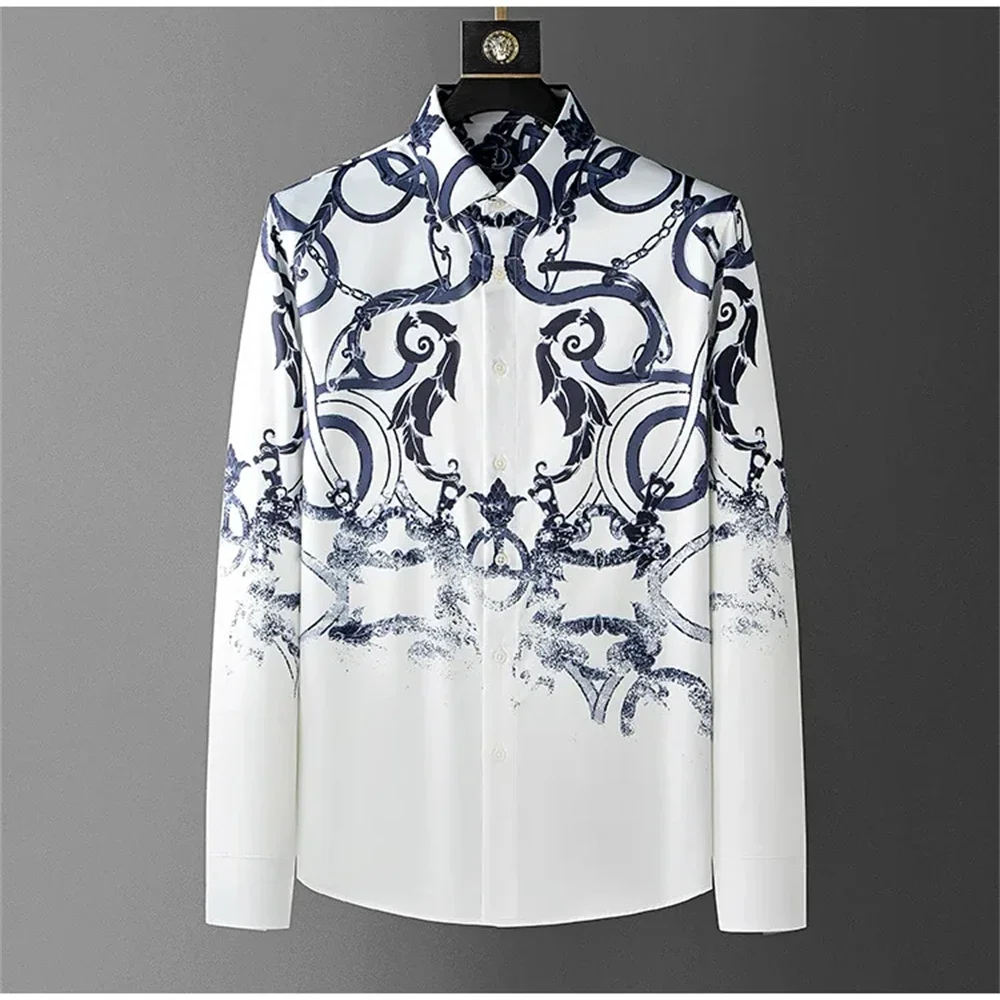 Luxury printed shirt men's long sleeved casual shirt, high-quality, fashionable, trendy, high-end plus size men's clothing, fast