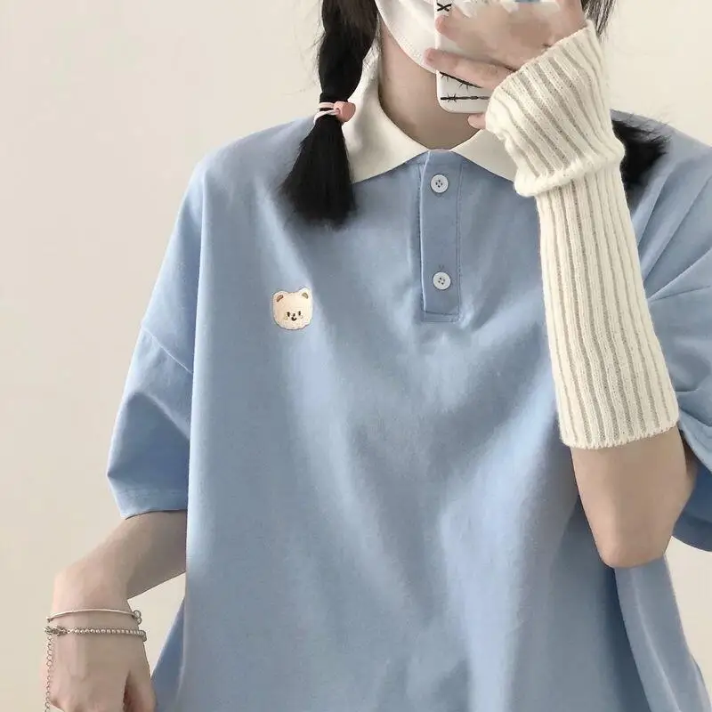 Japanese Girl Cute Color Blocked Loose Short Sleeved Fashionable and Sweet Women's Lapel T-Shirt Breathable and Versatile Soft