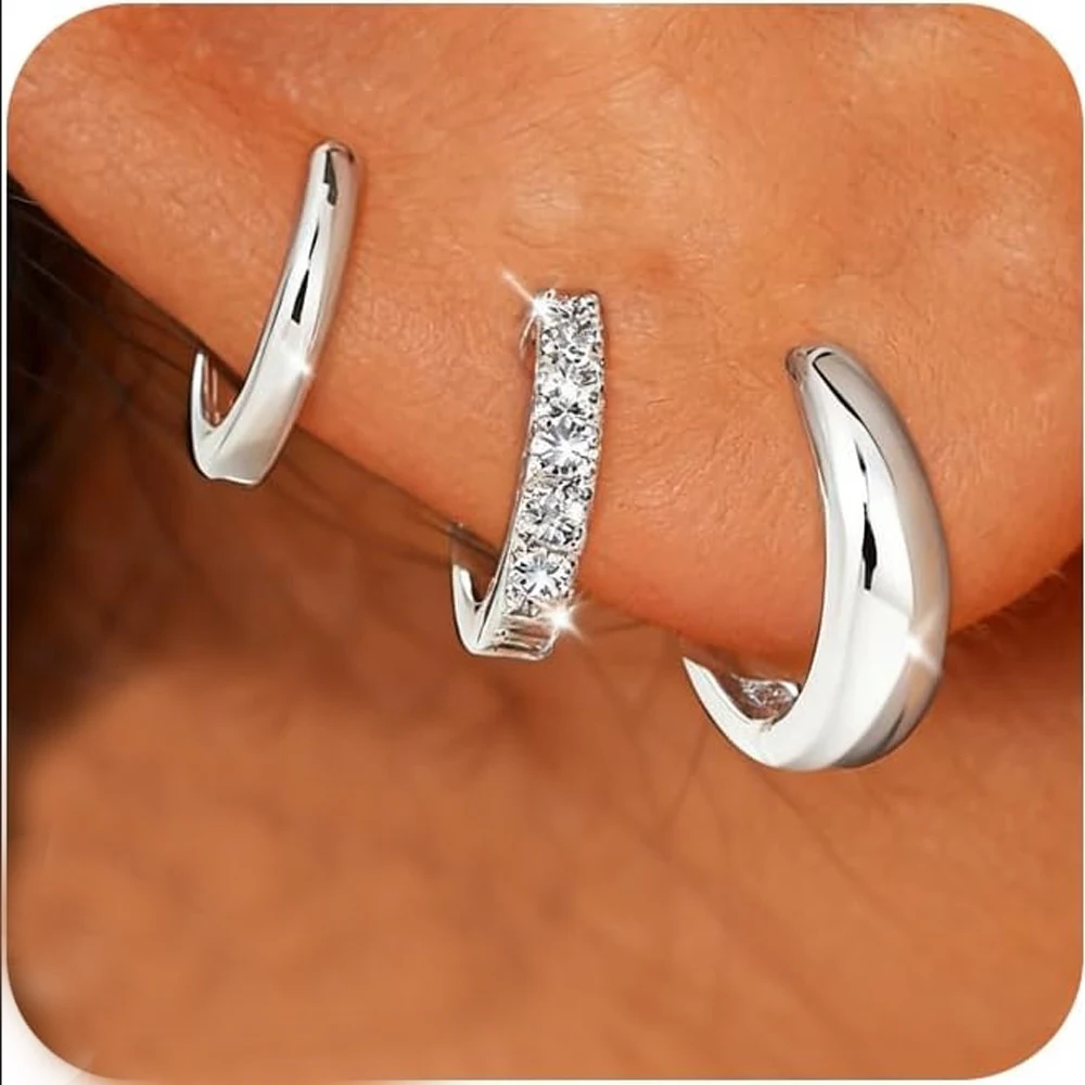 Women 3 Pairs 925 Sterling Silver Earrings Non Tarnish Huggie Hoop Earrings Cartilage Hoops Stackable Earring Multiple Piercing