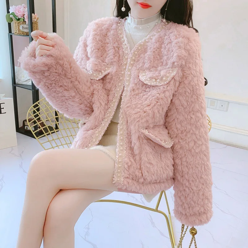 Women\'s Fashion Wool Coat Medium Long Autumn Winter Sweet Fur One Piece Warm Jacket Imitation Lamb Hair Outerwear