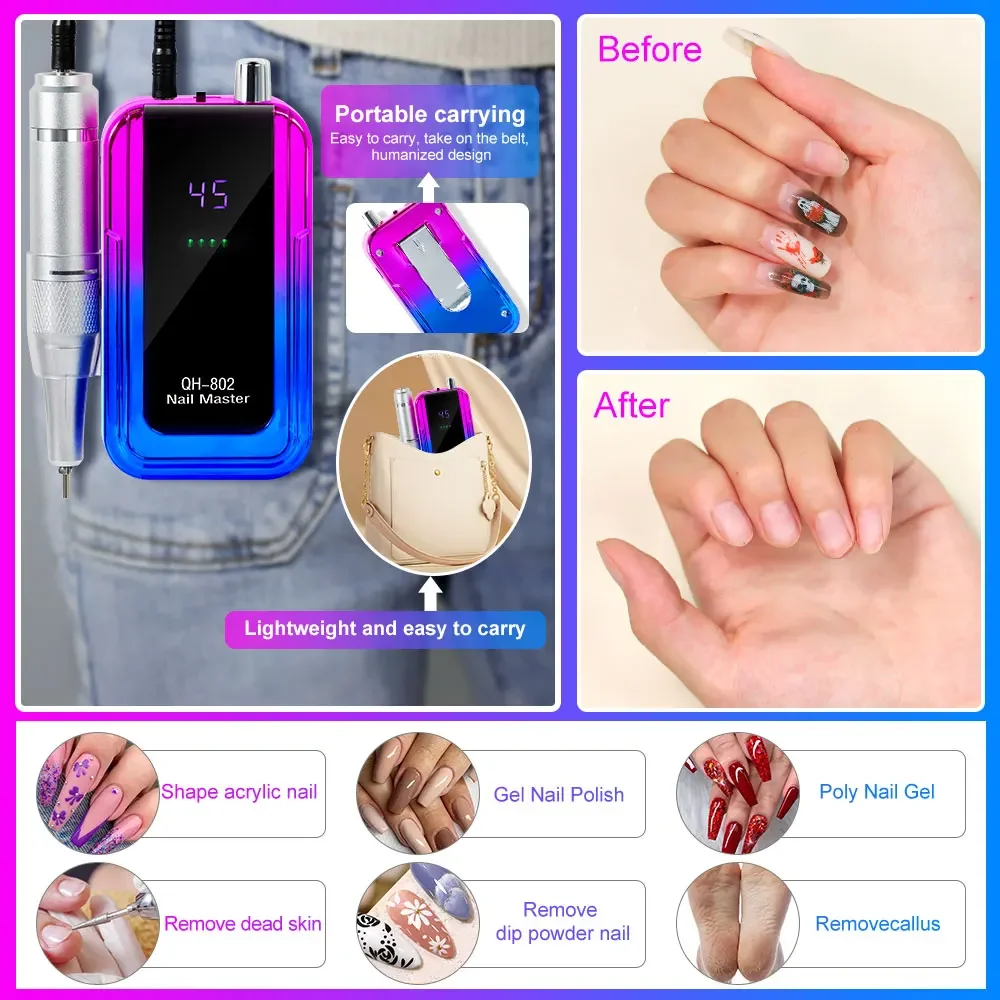 Perceuse à ongles électrique Rechargeable, 45000 tr/min, dégradé de couleur, dissolvant de vernis à ongles, ponceuse à faible bruit pour manucure