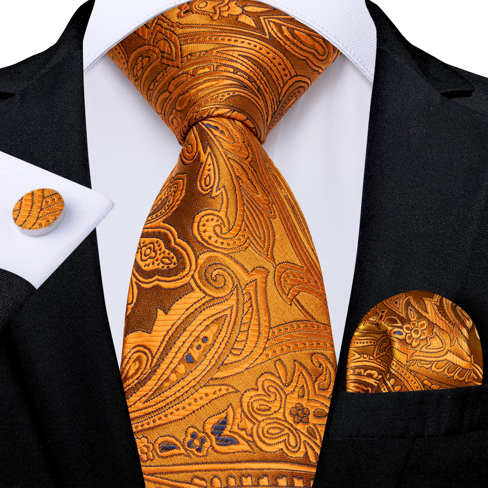 Orange Paisley Floral Men's 8cm Silk Ties Handkerchief Cufflinks Luxury Wedding Party Accessories Elegant Neck Tie Gift