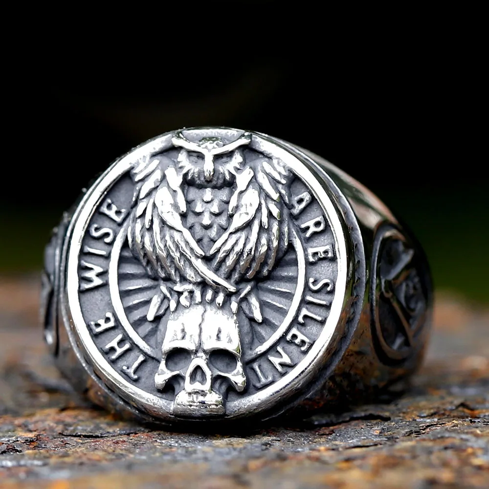 New Gothic viking Freemasonry and raven skull Ring For Men Women Stainless Steel Male Anel Gift free shipping
