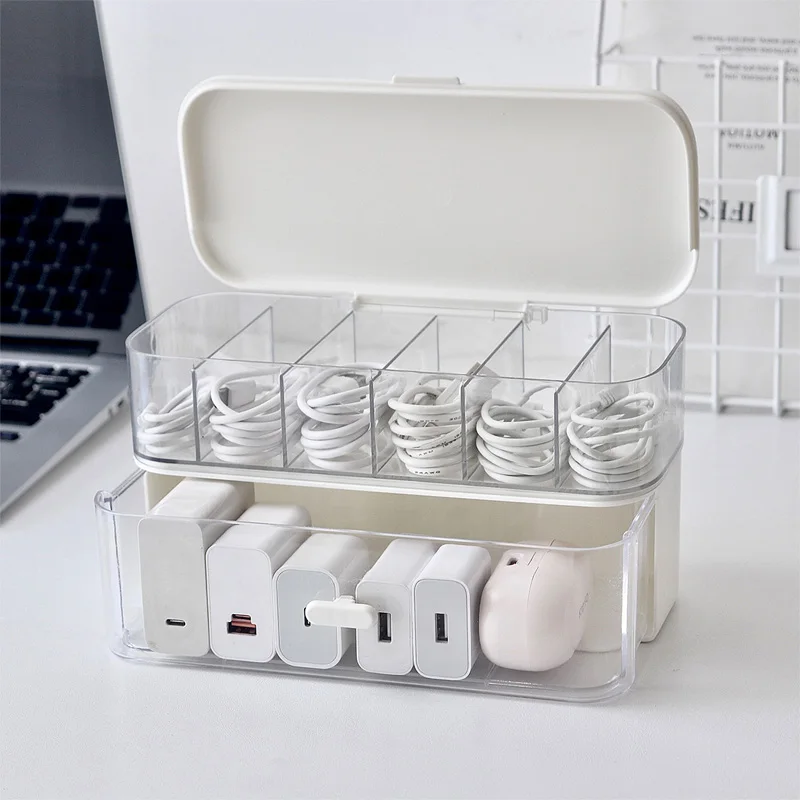 

Double-Layer Charging Cable Storage Dust-Proof Box with Smooth Pull-Out Drawer Cable Management Box, Large-Capacity Data Cable Storage Dust-Proof Organizer, Suitable for Organizing Cables in Desktop Drawers