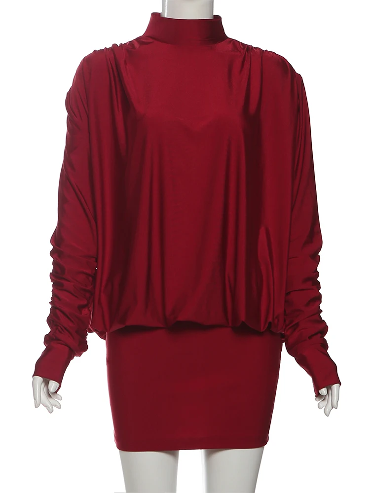 Weird Puss Sexy Satin Rückenfreies Kleid Frauen Halb Hohen Kragen Geraffte Weihnachten Geburtstag Pfirsich Hüfte Hottie Stretch Schlank Mini Bodycon