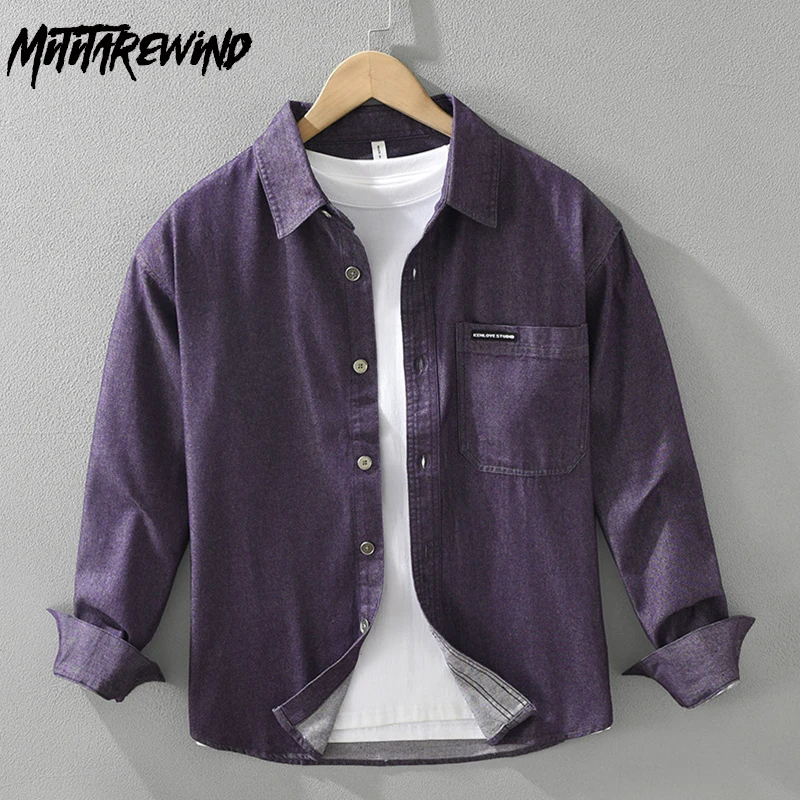 Japanese Style Denim Shirt Men Spring Fall Streetwear Retro Purple Jean Shirts Lapel Pocket Pure Cotton Cowboy Shirt Loose Shirt